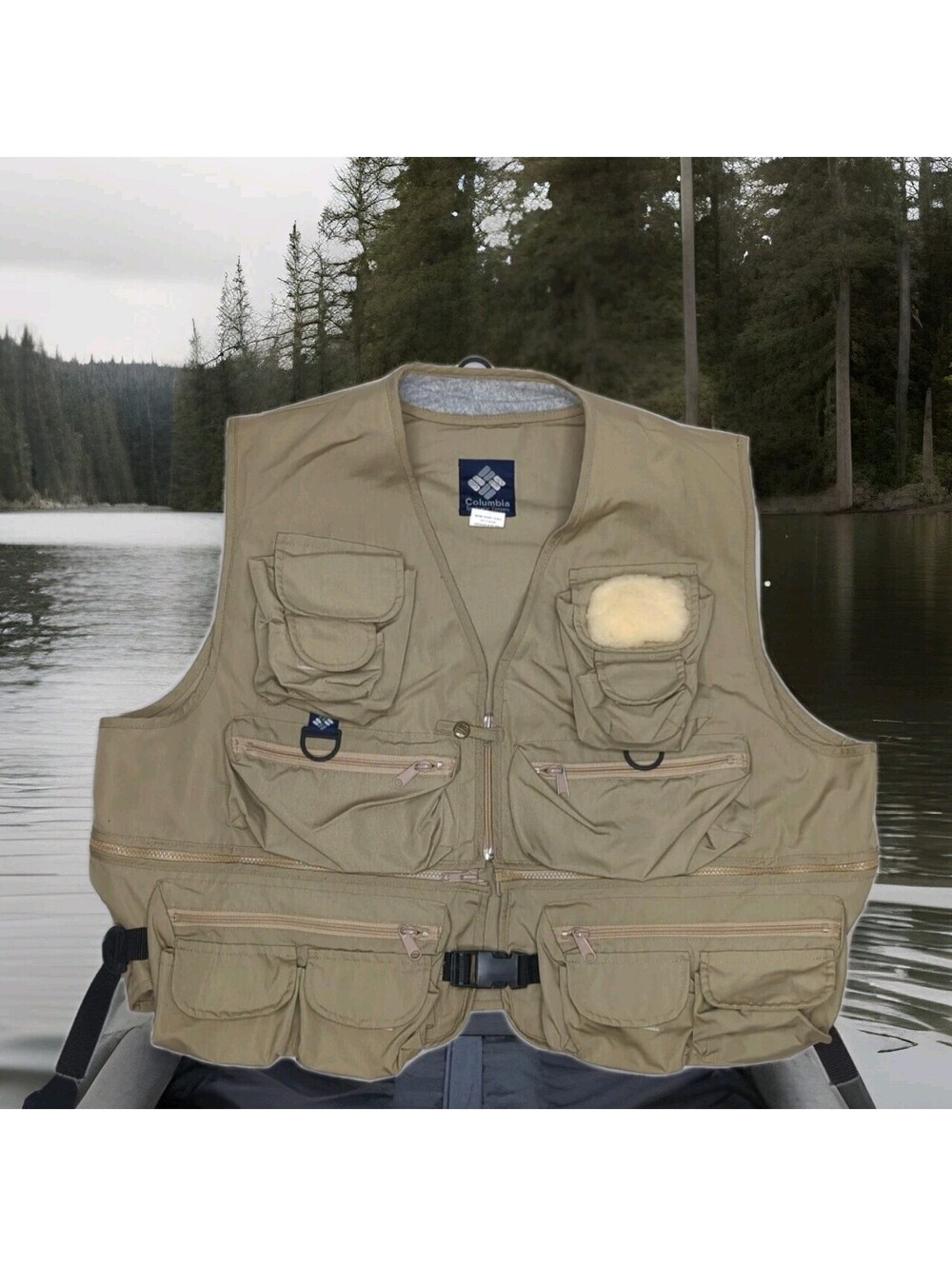 Vintage Columbia Fly Fishing Vest Mens XXL 2XL Beige Multi Cargo Pockets Zip Off
